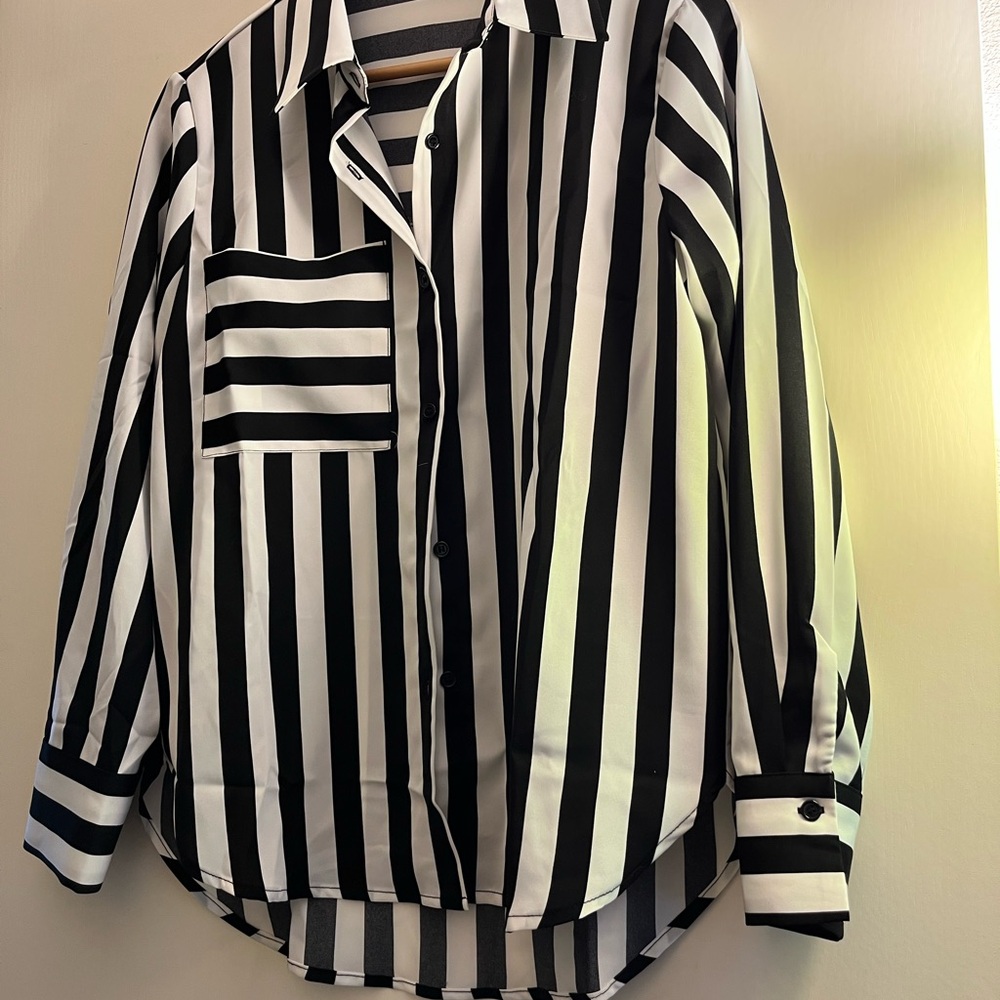 SHEIN Black and White Striped Button Down Shirt